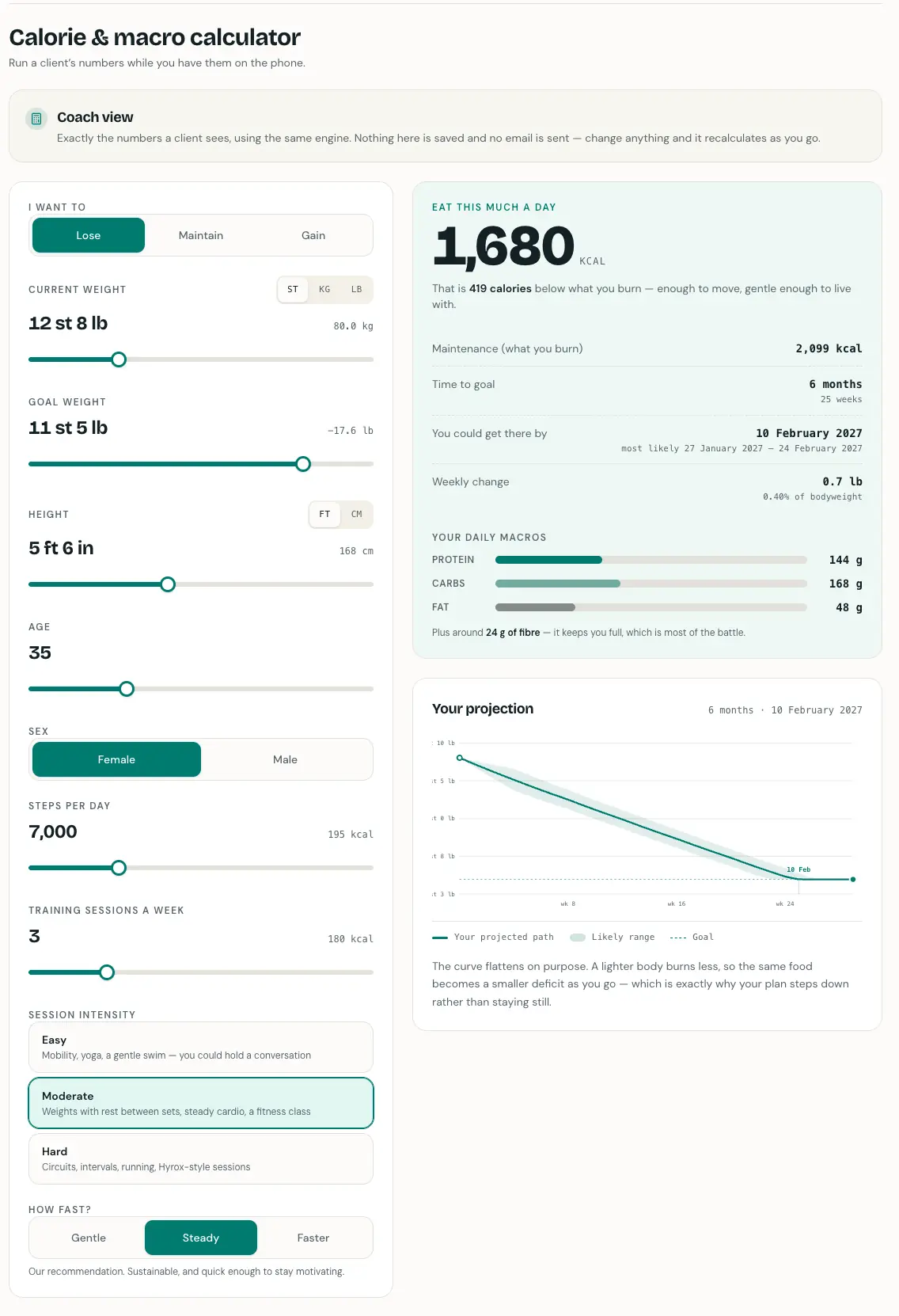 The custom calorie and macro calculator built for Inspired Coaching.
