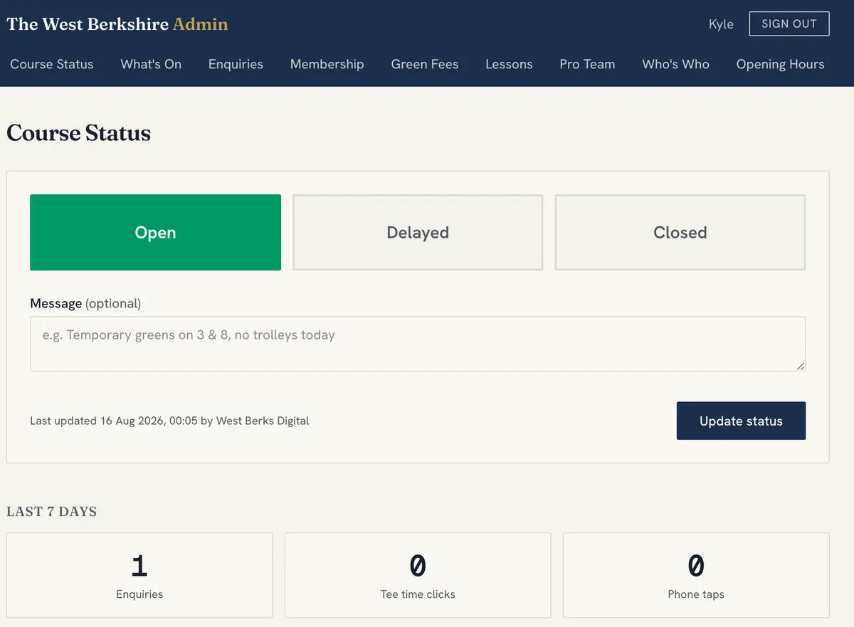 The custom course-status admin dashboard Kyle built for the club.