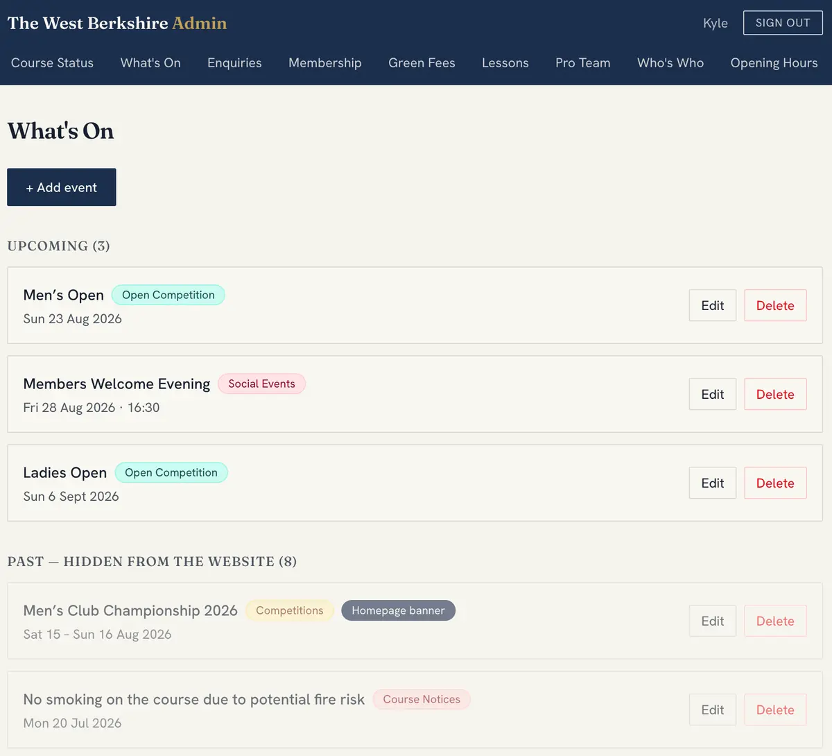The What’s On event manager in the club’s admin dashboard.