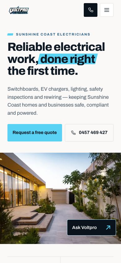 Voltpro Electrical website on a phone, with service information and a request-a-quote button
