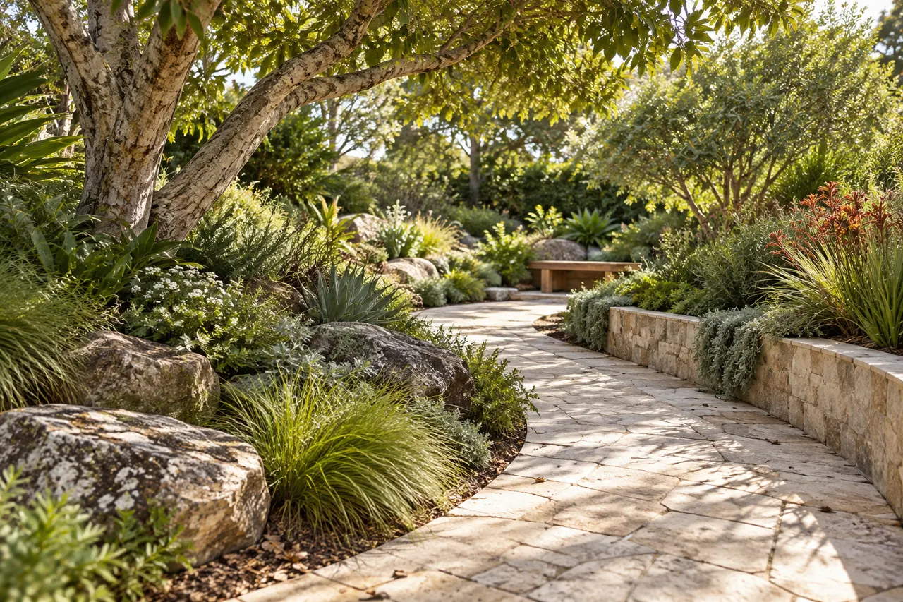 A curved stone garden path with a low retaining wall, layered planting and a timber seat.