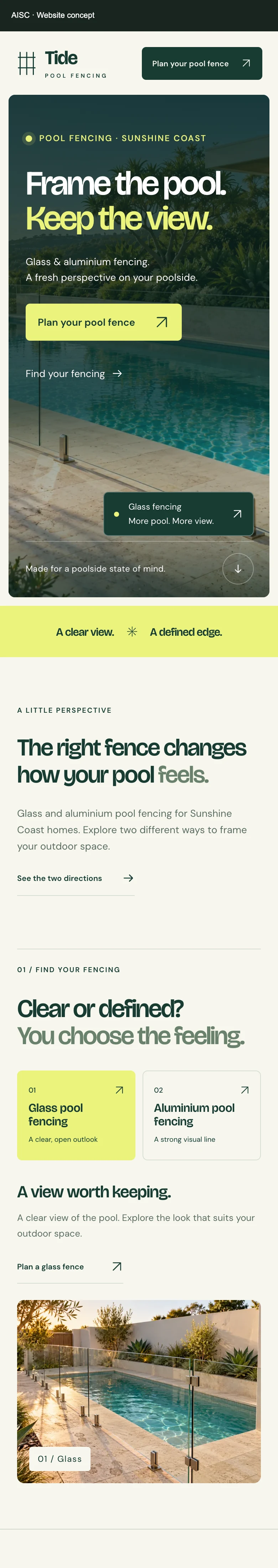 Tide Pool Fencing website concept, from its poolside hero to the glass and aluminium fencing sections